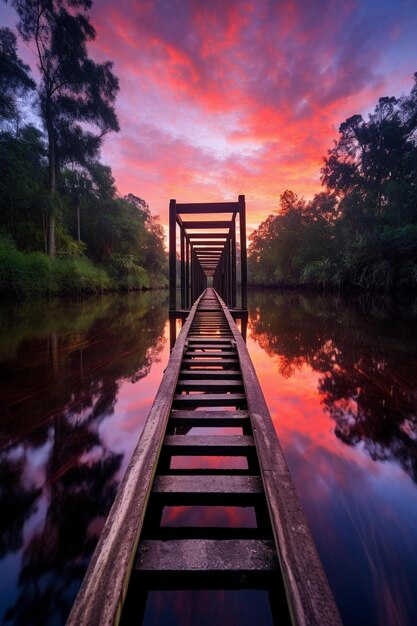 Foto la serena puesta de sol en el puente de madera