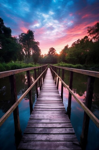 Foto la serena puesta de sol en el puente de madera