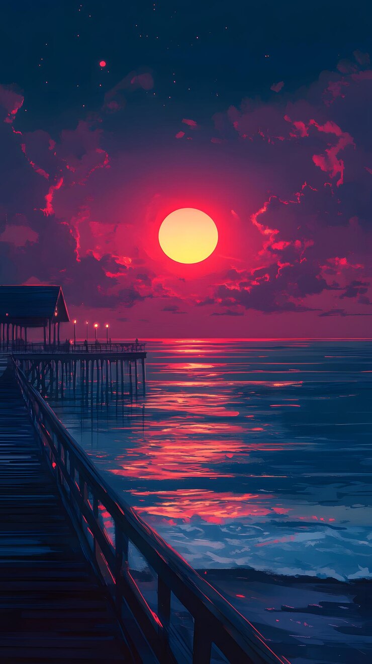 La serena puesta de sol sobre el muelle del océano la escena de la noche pacífica