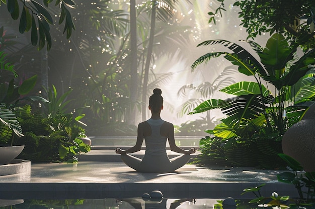 Una serena sesión de yoga por la mañana en un exuberante jardín oct