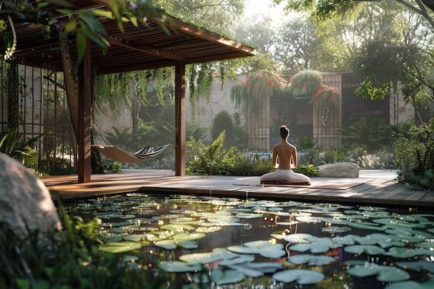 Una serena sesión de yoga por la mañana en un jardín tranquilo