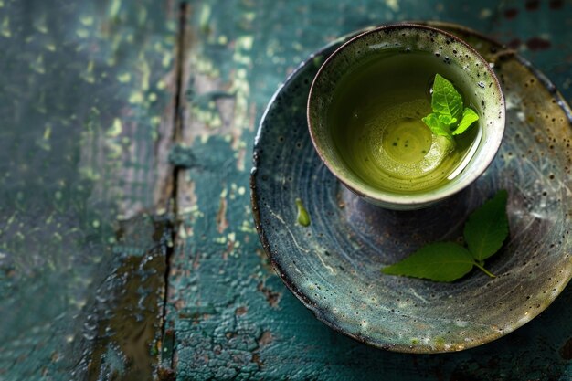 Una serena taza de té verde con hojas de menta frescas en una mesa de madera rústica