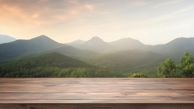 La serena vista de las montañas desde la cubierta de madera