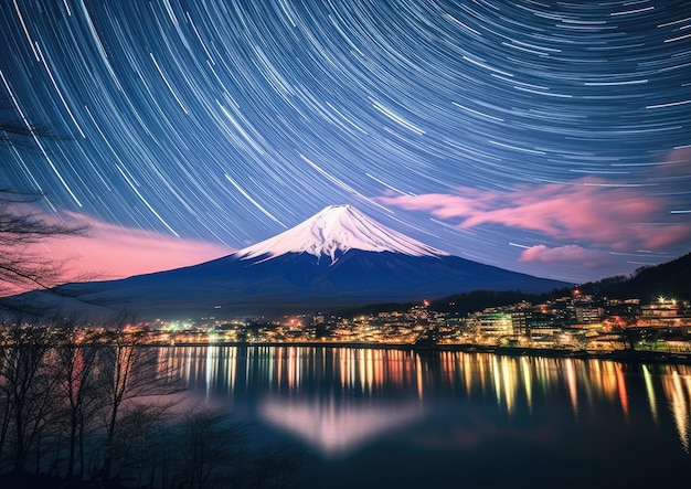 Foto una serena vista nocturna del monte fuji con un cielo estrellado