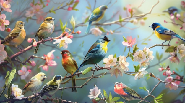 Serenada de pássaros Um coro de cantos de pássas enche o ar enquanto espécies coloridas de aves voam entre os galhos em flor numa floresta primaveral