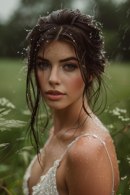 Foto serenamente de pé noiva em delicado vestido de encaixe em meio a uma chuva suave com presença romântica e sonhada em um prado verde exuberante