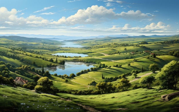 Serenas colinas, aguas tranquilas en medio de vastos paisajes verdes