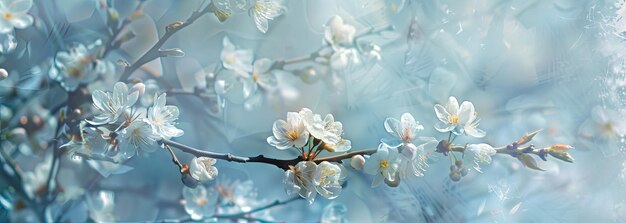 Serenas flores de primavera en una delicada rama de árbol en la luz suave