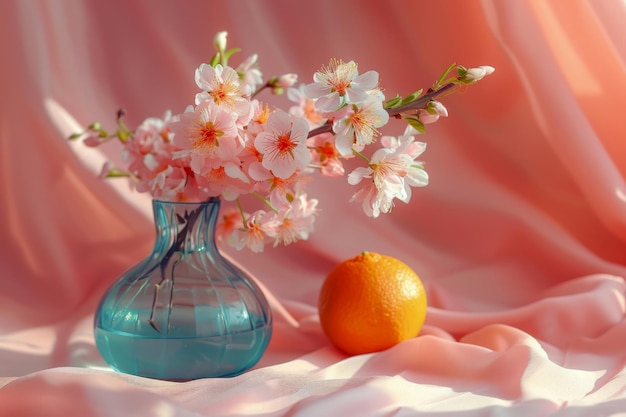 Serenas flores de primavera en un jarrón azul con acento de cítricos en cortinas pastel