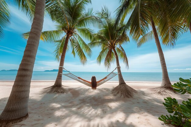 Serenas vacaciones en la playa tropical con una persona que se relaja en una hamaca