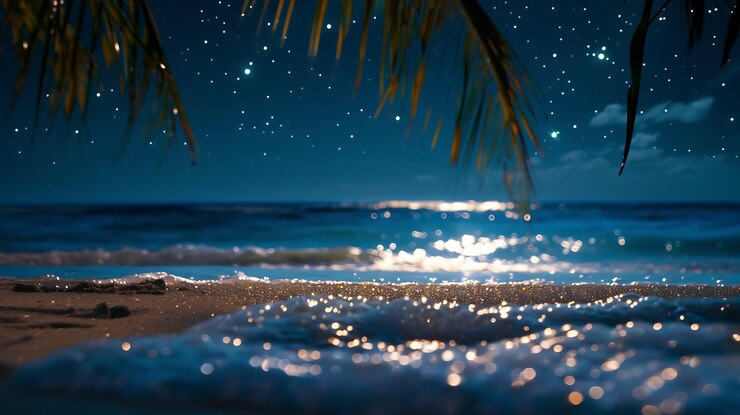 Serenas vistas de la costa día y noche y reflejos de la puesta de sol con olas del océano y conchas marinas