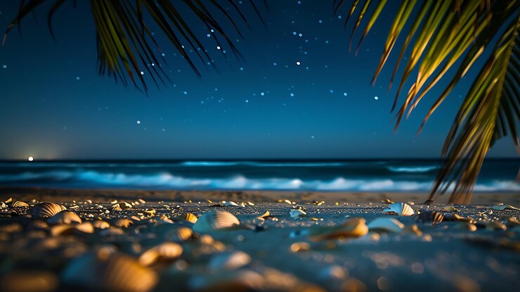 Serenas vistas de la costa día y noche y reflejos de la puesta de sol con olas del océano y conchas marinas