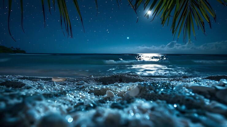 Serenas vistas de la costa día y noche y reflejos de la puesta de sol con olas del océano y conchas marinas