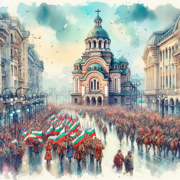 serenata de acuarela capturando el desfile festivo del día de la liberación de Bulgaria en tonos frescos