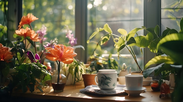 Serenata matutina de las flores que se despiertan entre las plantas de interior