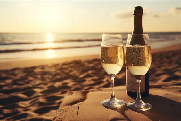 Foto serenata en la orilla copas de vino y botella de champaña pintan una imagen de romance en la costa