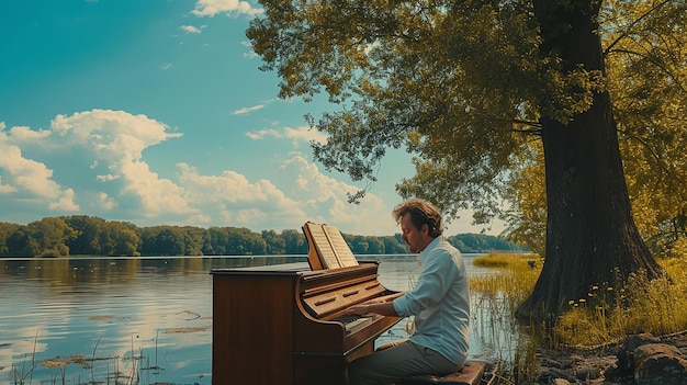 Serenata de primavera Hombre guapo tocando el piano del triángulo