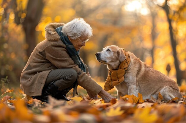 Serene Autumn Moments Señora anciana y su leal perro en armonía IA generativa