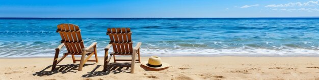 Serene Beach Escape com duas cadeiras com vista para o oceano Bandeira de férias Turismo e conceito de viagem