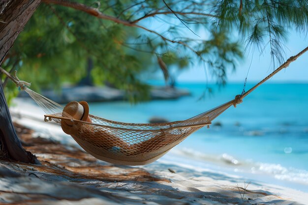 Foto serene beachside hängeschwelle-szene mit strohhut tropische insel-flucht