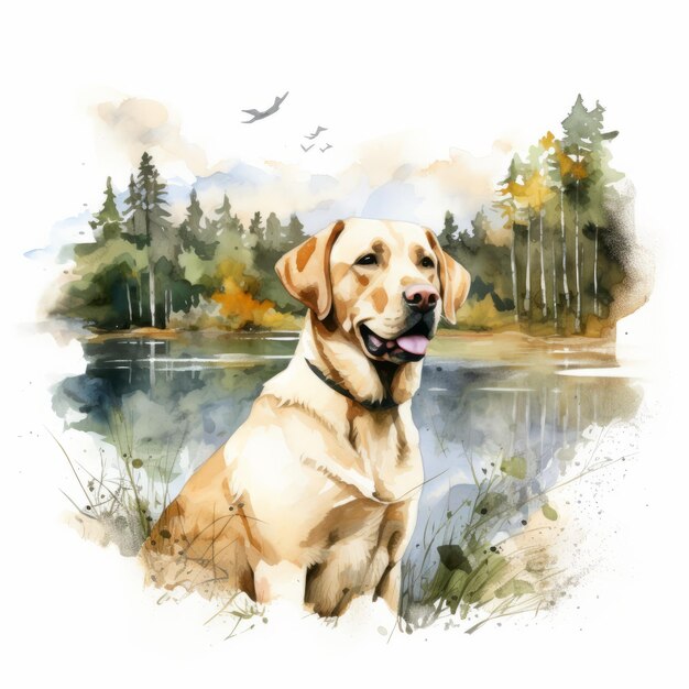 Serene Beauty Yellow Lab inmitten eines bewaldeten Sees in Aquarellen festgehalten