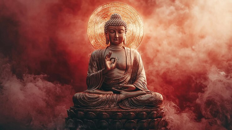 Serene Buddha Statue in Red Smoke Meditation Peace