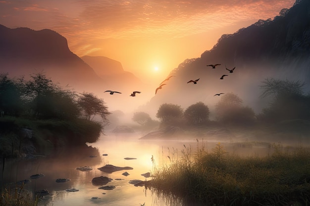 Serene Dawn Mountains Creek und die Natur generative IA