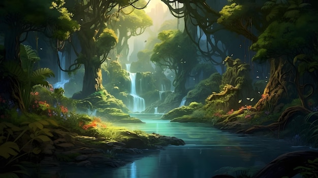 Serene Forest Waterfall Captivating CloseUp com Majestic Waterfall no fundo Inteligência Artificial Generativa