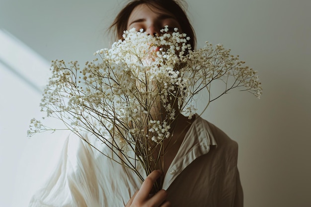 Serene Frau hält weiche weiße Blumen vor neutralem Hintergrund Generative KI