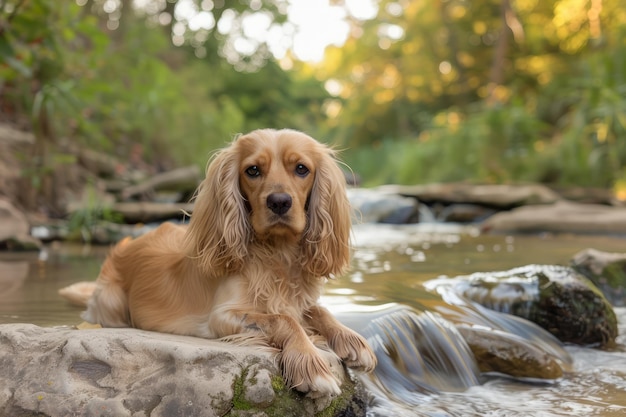 Serene Golden Spaniel Cão relaxando em Riverside Rock contra cascata e fundo florestal