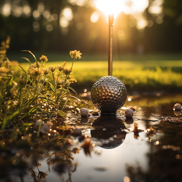 Serene Greens Ein Golfschläger und ein Golfball, die auf dem üppigen Gras unter dem Himmel ruhen