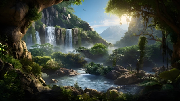 Serene Jungle Waterfall con aguas en cascada y exuberante vegetación Una obra maestra de la IA generativa