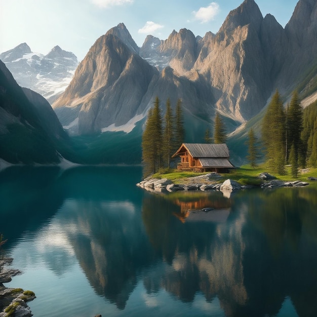 Foto serene lake cabin mit ki-technologie generiert