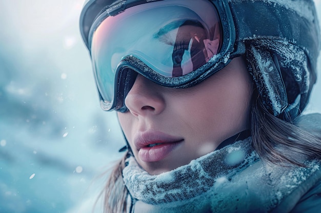 Serene Look de Invierno Mujer con gafas de esquí cubiertas de nieve