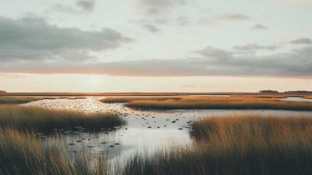 Serene Marsh Sunset Documental Fotografía de viaje con colores apagados