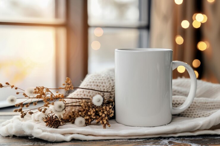 Serene Morning Mug Mockup Acogedora y cálida estética con resplandor del amanecer sobre un fondo blanco