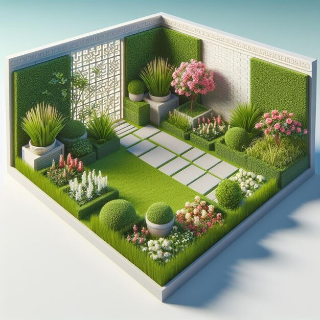 Foto serene oasis uma fuga de jardim realista em 3d com flora vibrante e elementos de design elegantes