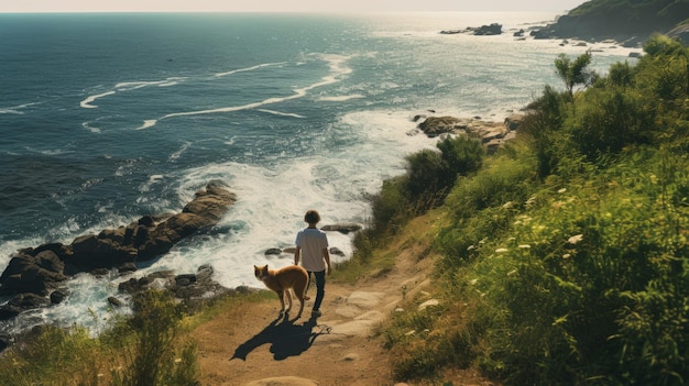 Foto serene oceanic vistas un macho y su perro caminando por el camino hacia los acantilados