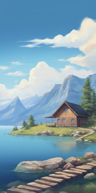 Serene Plateau Cabin Painting Tranquil Lake y Rocky Shore