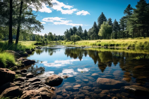 Serene Pond reflektiert eine klare blaue Himmelsgenerative KI