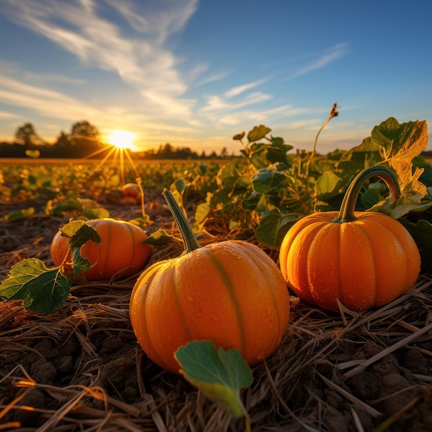 Serene Pumpkin Patch Campo de calabazas bajo cielo azul con luz natural IA generativa