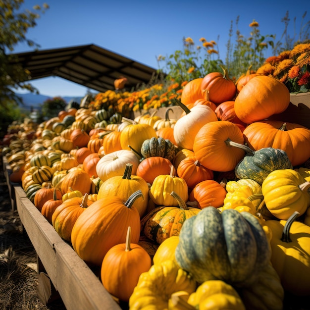 Serene Pumpkin Patch Campo de abóboras sob o céu azul com luz natural IA geradora