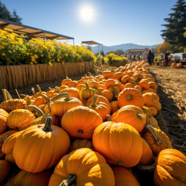 Serene Pumpkin Patch Campo de abóboras sob o céu azul com luz natural IA geradora