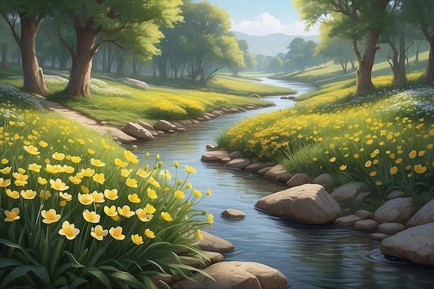 Serene Riverside Buttercup Flowers por la ilustración de la corriente tranquila