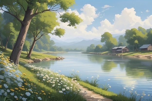 Serene Riverside Pappy Blumen in sanfter Brise Illustration