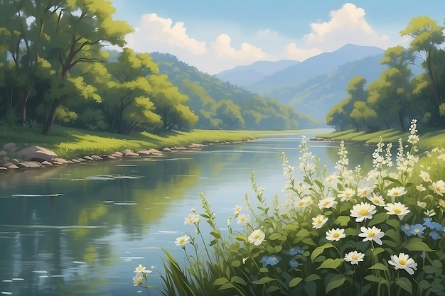 Serene Riverside Pappy Blumen in sanfter Brise Illustration