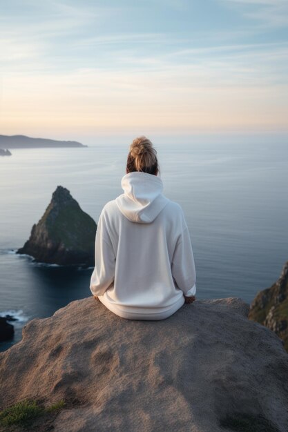 Serene Seascape Dawn Mockup con una modelo femenina con capucha blanca meditando en el acantilado