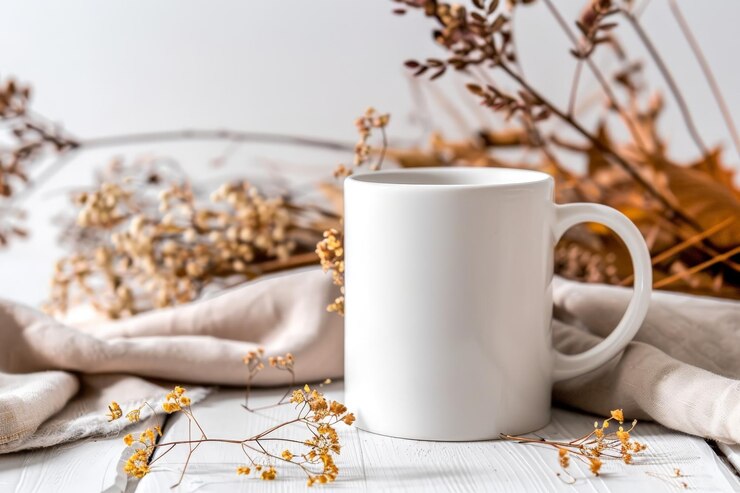 Serene Sunrise Vibes Mockup de taza blanca con una estética acogedora y cálida