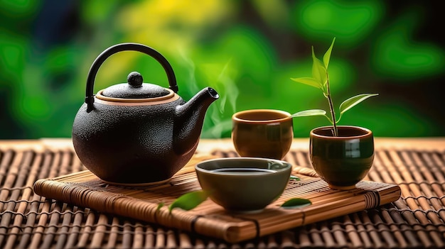 Serene Tea Ritual Kleine Teekanne und Tassen schaffen eine friedliche Atmosphäre. Generative KI