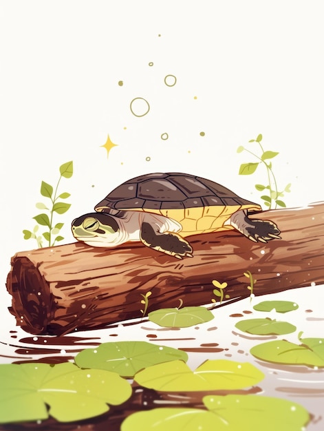 Serene Turtle tomando banho de sol em log Affirmation Card Ilustração Generative AI